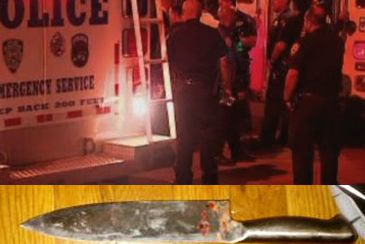Image of police response, via NY1; image of knife, from DCPI